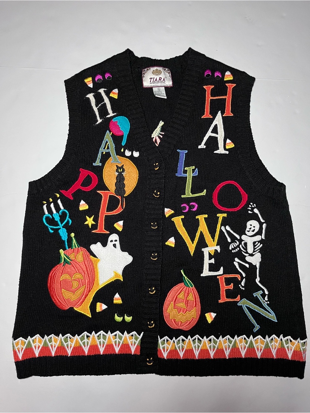 VTG 90s Tiara International Halloween Sweater Vest XL~ Patchwork~ GrandmaCore